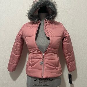 Rothschild Pink Puffer Jacket with Faux Fur Hood